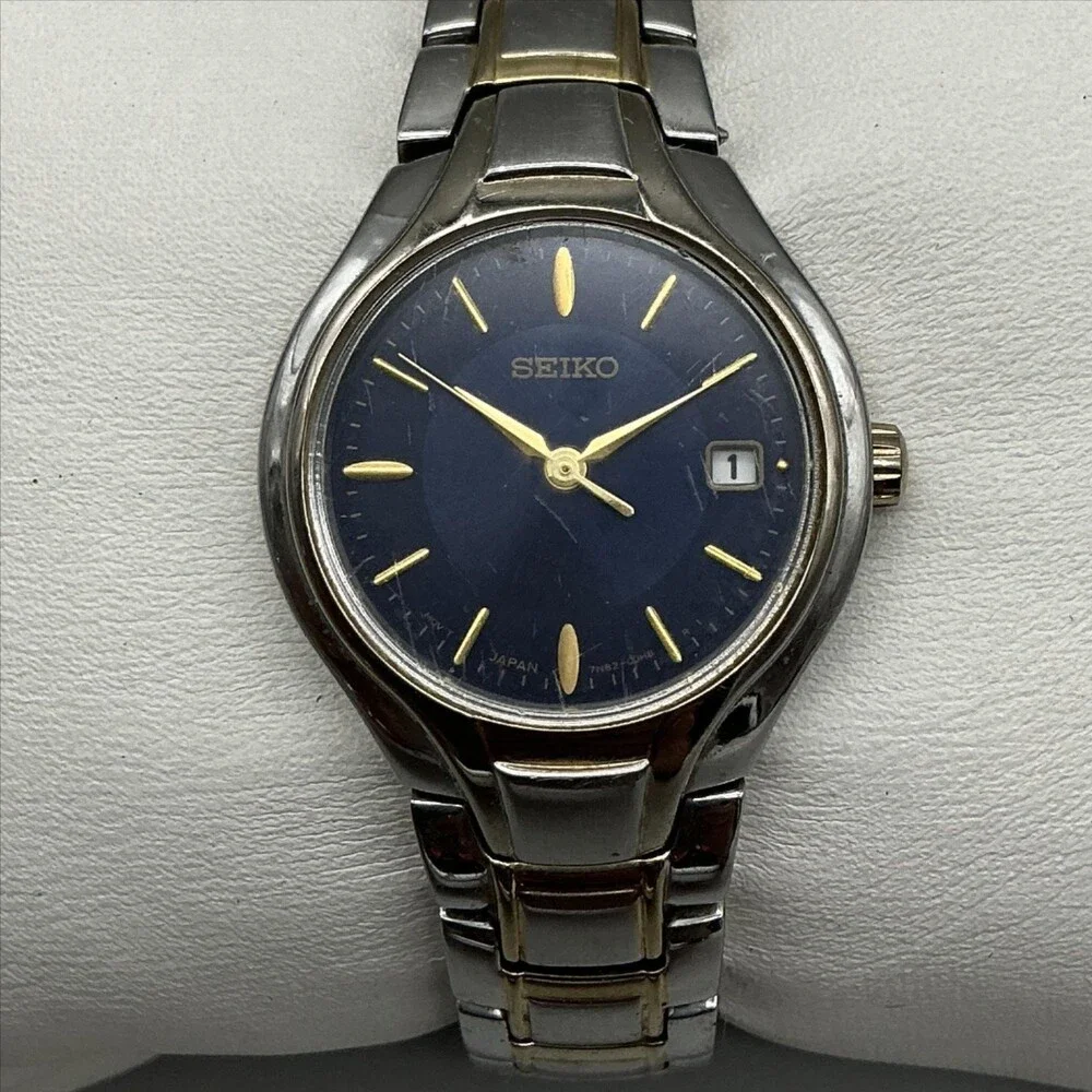 Seiko Womens Watch 25mm Blue Dial Two Tone Date 7N82-0DR0 New Battery 5.75